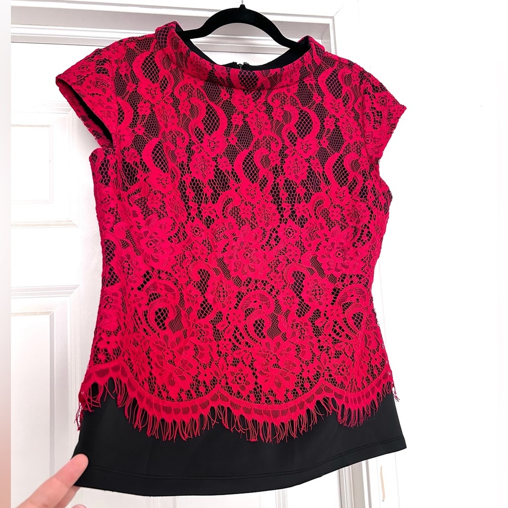 Bright Red Lace Layered Top